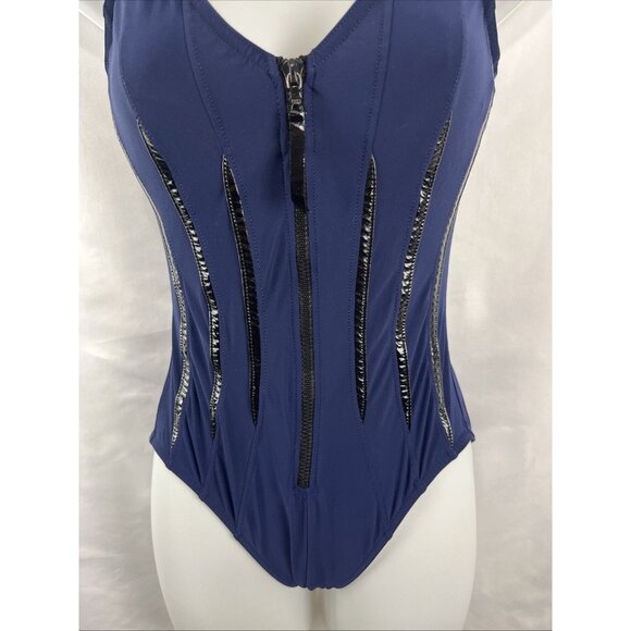 Karla Colletto Navy Blue & Black One Piece Zip Bathing Suit Women's Size 6 - Picture 2 of 9